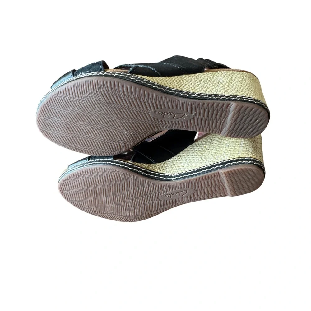 Clarks Wedge Sandals Women 9 Black Excellent Strappy Slingback Cushion Soft